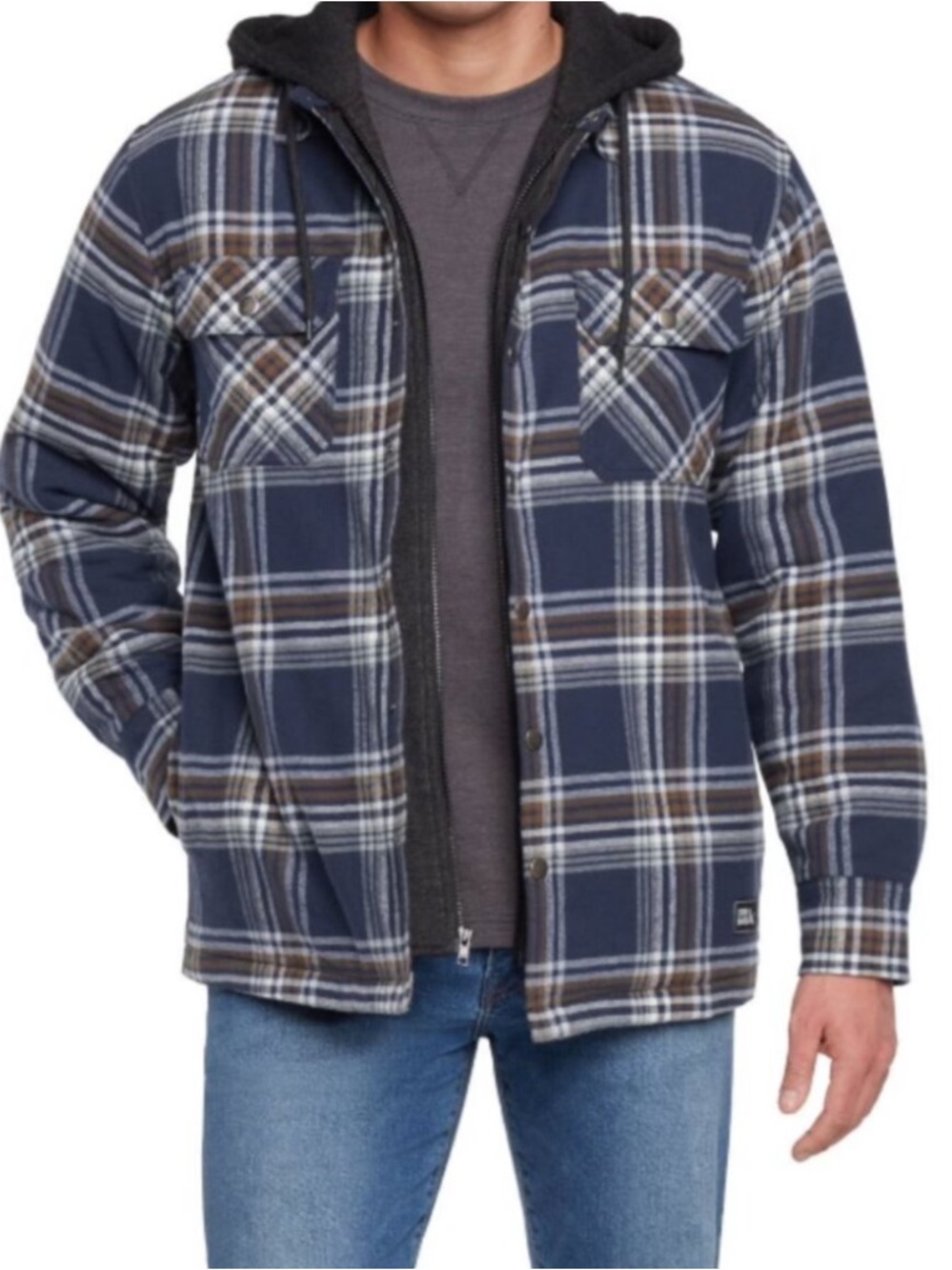 Eddie Bauer Men's Small Full-Zip Fleece  Hooded Shirt Jacket Navy Plaid NWT